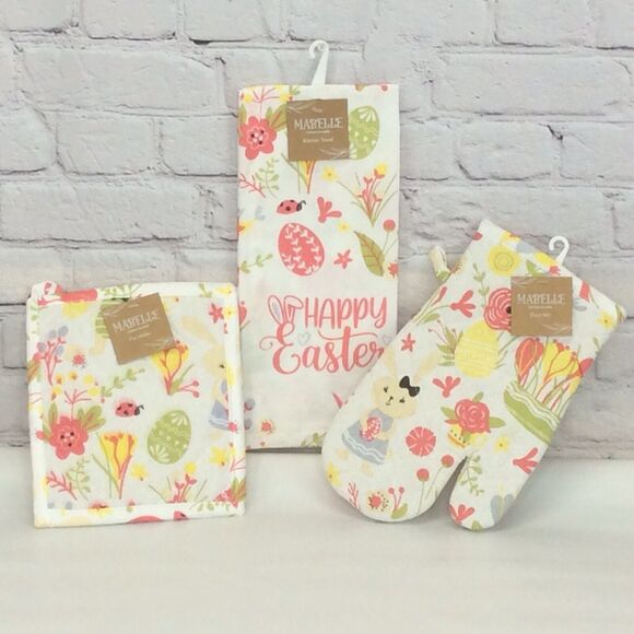 🌷Happy Easter🌷 3 Pc Kitchen Set Spring Pastel Dish Towel/Pot Holder/Oven Mitt - Picture 1 of 11